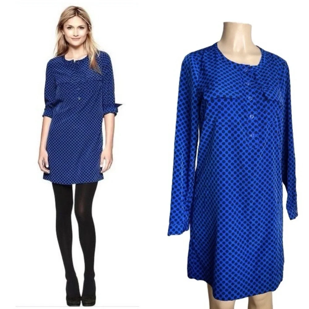 Gap Deborah Polka Dots Blue Black Shirt Dress Knee Shift Pop Over Long Pockets S